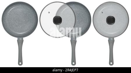 Antihaftbeschichtete Keramik-Bratpfanne mit weißem Glasdeckel in der Isolierung Stockfoto