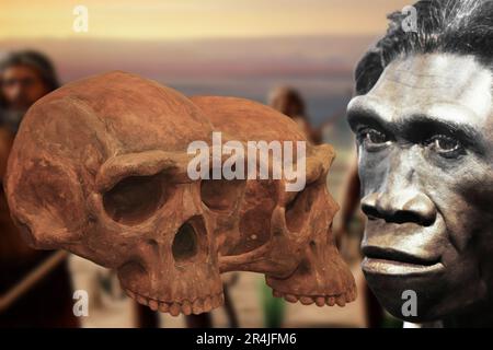 Homo erectus ist eine Art ausgestorbenes Hominid, das zur Gattung Homo gehört. Ursprünglich hieß es Pithecanthropus und Java man. Stockfoto