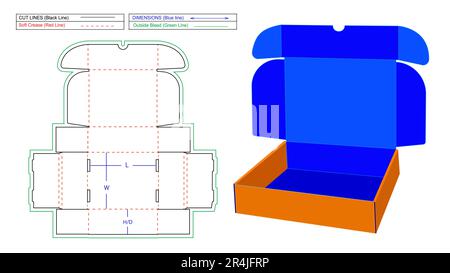 Mailer Abonnementbox mit Klappenkerben Wellpappenversand 2-mm-Rollenendbox Vektorstanzvorlage und 3D-mm-Vektor-Renderdatei Stock Vektor