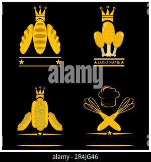Vektorabbildung von vier Emblem- oder Logo-Themen Lebensmittel, Formen Lebensmittel, Gelb, Gold und Schwarz Hintergrund. Stock Vektor