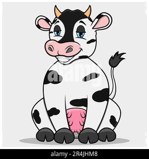 Figur Kuh mit lachendem Entspannungsausdruck, weißer Hintergrund, Maskottchen, Symbol, Charakter oder Logo, Vektor und Illustration. Stock Vektor