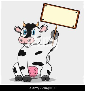 Figur Kuh Banner mit Blank Wood, weißer Hintergrund, Maskottchen, Symbol, Figur oder Logo, Vektor und Illustration. Stock Vektor