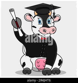 Kuh mit Graduate Custome und Zertifikat, weißer Hintergrund, Maskottchen, Symbol, Charakter oder Logo, Vektor und Illustration. Stock Vektor