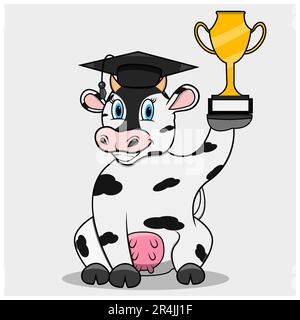 Cow Use hat Graduate und bring Trophäe, weiße Farben Hintergrund, Maskottchen, Icon, Charakter oder Logo mit, Vektor und Illustration. Stock Vektor