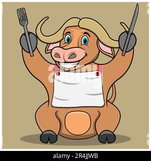 Figur Bufallo bringt Löffel und Gabel, verzehrfertig, hellbraune Farben Hintergrund, Maskottchen, Symbol, Figur oder Logo, Vektor und Illustration mit. Stock Vektor
