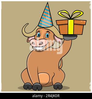 Figur Bufallo bringt braunes Geschenk für Party, hellbraune Farben Hintergrund, Maskottchen, Symbol, Figur oder Logo, Vektor und Illustration mit. Stock Vektor