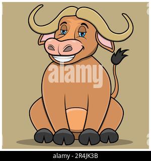 Charakter Bufallo mit Relax Expression und Lächeln, hellbrauner Hintergrund, Maskottchen, Symbol, Charakter oder Logo, Vektor und Illustration. Stock Vektor