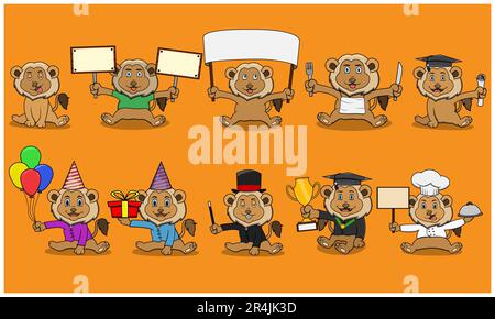 Zehn Musterlöwen für Illustrationen, orangefarbener Hintergrund, Maskottchen, Symbol, Zeichen oder Logo, Vektor und Illustration. Stock Vektor