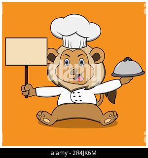 Charakterkoch Löwe für Spaß, Orange Farben Hintergrund, Maskottchen, Symbol, Charakter oder Logo, Vektor und Illustration. Stock Vektor
