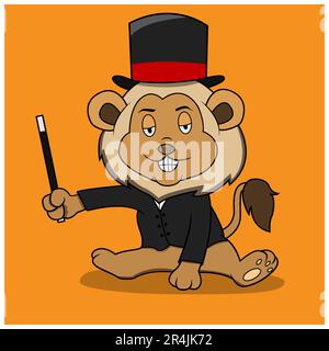 Charakter Magic Lion, Orange Farben Hintergrund, Maskottchen, Symbol, Charakter oder Logo, Vektor und Illustration. Stock Vektor