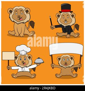 Vier-Zeichen-Löwe für Spaß, Orange Farben Hintergrund, Maskottchen, Symbol, Figur oder Logo, Vektor und Illustration. Stock Vektor