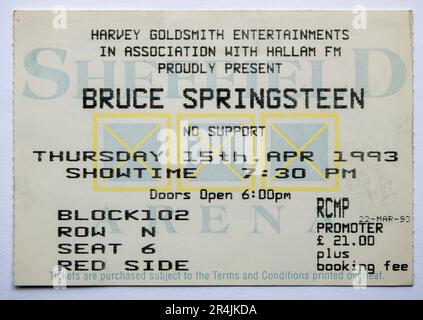 Konzertkarte für die Bruce Springsteen Show in der Sheffield Arena in Großbritannien im April 1993 Stockfoto