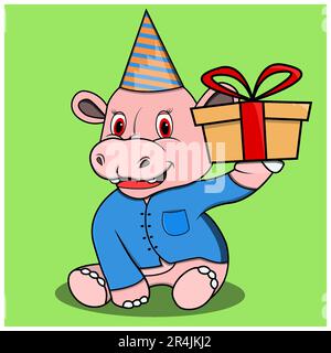 Figur-Hippopotamus mit orangefarbenem Geschenk, grünem Hintergrund, Maskottchen, Symbol, Figur oder Logo, Vektor und Illustration. Stock Vektor