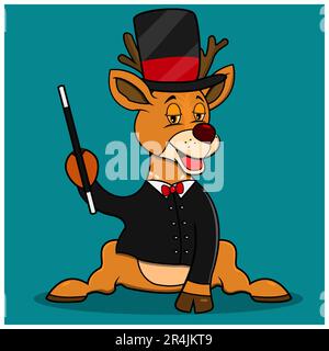 Die Figur DeerWith Magician Costum, Blue Navy Red Colors Background, Maskottchen, Icon, Character oder Logo, Vektor und Illustration. Stock Vektor