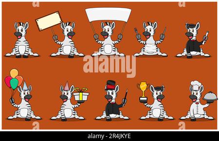 Zebraabbildung mit zehn Zeichen, brauner Hintergrund, Maskottchen, Symbol, Zeichen oder Logo, Vektor und Illustration. Stock Vektor