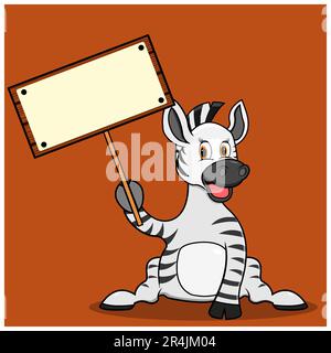 Zebra mit leerem Banner auf der Hand, brauner Hintergrund, Maskottchen, Symbol, Charakter oder Logo, Vektor und Illustration. Stock Vektor