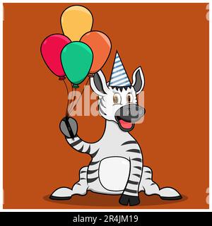 Zebra bringen Ballons mit, braune Farben Hintergrund, Maskottchen, Symbol, Charakter oder Logo, Vektor und Illustration. Stock Vektor