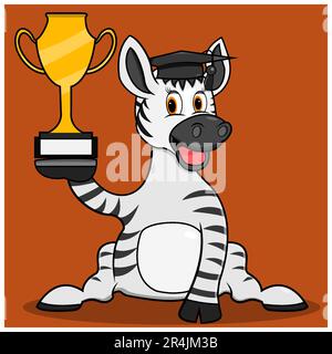 Zebra mit Figur und „Graduate and Bring“-Trophäe, brauner Hintergrund, Maskottchen, Symbol, Figur oder Logo, Vektor und Illustration. Stock Vektor