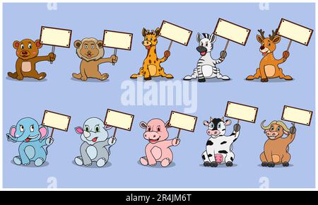 Zehn Tierfiguren mit leerem weißem Schild, Farben Hintergrund, Maskottchen, Symbol, Charakter oder Logo, Vektor und Illustration. Stock Vektor