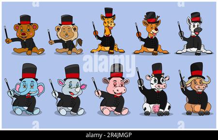 Zehn Tierfiguren mit Magier tragen Benutzerdefiniert, Farben Hintergrund, Maskottchen, Symbol, Charakter oder Logo, Vektor und Illustration. Stock Vektor
