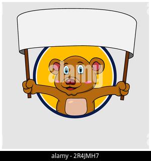 Kreisförmiges Etikett mit Bärenkopf und großem, leeren Bannerschild, gelbem Hintergrund, Maskottchen, Symbol, Zeichen oder Logo, Vektor und Illustration. Stock Vektor