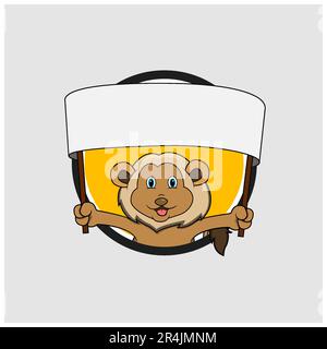 Kreisförmiges Etikett mit Löwenkopf und großem, leerem Banner, gelbem Hintergrund, Maskottchen, Symbol, Zeichen oder Logo, Vektor und Illustration. Stock Vektor