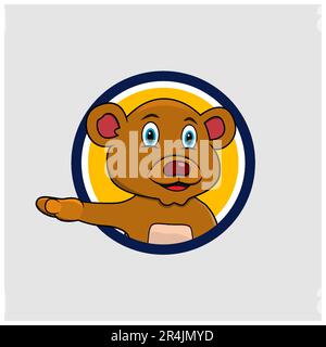 Kreisförmiges Etikett mit lustigem Lächeln, gelber Hintergrund, Maskottchen, Symbol, Charakter oder Logo, Vektor und Illustration. Stock Vektor