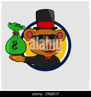 „Rich Cartoon Bear Head“-Etikett Mit „Bring Money“-Schriftzug, Gelber Hintergrund, Cartoon, Maskottchen, Tieren, Charakter, Vektor und Illustration. Stock Vektor