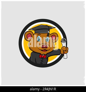 „Cute Bear Head Graduate“-Kreisschild, Gelbe Farben Hintergrund, Cartoon, Maskottchen, Tiere, Charakter, Vektor und Illustration. Stock Vektor