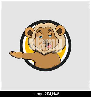 Lion Head Circle Label mit Relax Smile Expression , gelber Hintergrund, Maskottchen, Symbol, Charakter oder Logo, Vektor und Illustration. Stock Vektor