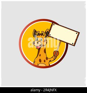 Kreisförmiges Etikett mit Giraffenkopf Leere weiße Schilder Holz , gelbe Farben Hintergrund, Maskottchen, Symbol, Charakter oder Logo, Vektor und Illustration. Stock Vektor