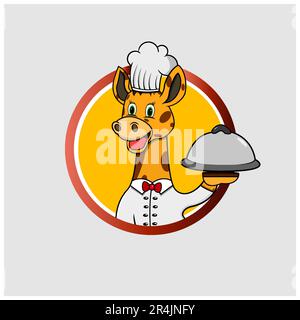 Giraffe Head Circle Label Bring Food and Wear Chef Custome, Yellow Colors Background, Maskottchen, Icon, Character oder Logo, Vektor und Illustration. Stock Vektor