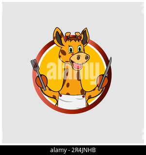 Kreisförmiges Etikett mit Giraffenkopf Bring Knife and Fork , Gelbe Farben Hintergrund, Maskottchen, Symbol, Charakter oder Logo, Vektor und Illustration. Stock Vektor