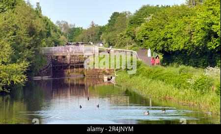 Glasgow, Schottland, Vereinigtes Königreich, 28. Mai 2023. UK Weather: Im warmen Stadtzentrum nahmen die Einheimischen den Forth und den clyde Kanal, um das Stadtleben im westlichen Ende der Stadt zu genießen. Credit Gerard Ferry/Alamy Live News Stockfoto