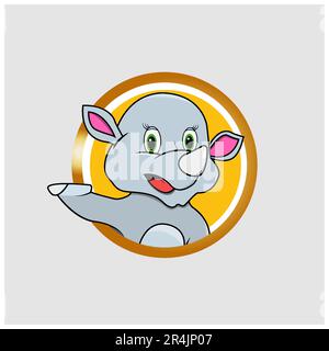 Rhinoceros Head Circle Label mit lustigem Lächeln, gelben Farben Hintergrund, Maskottchen, Symbol, Charakter oder Logo, Vektor und Illustration. Stock Vektor