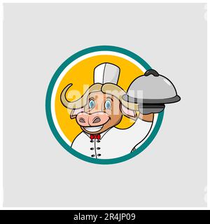 „Buffalo Head Circle“-Etikett mit „Chef Custom and Bring Food“, gelber Hintergrund, Maskottchen, Icon, Charakter oder Logo, Vektor und Illustration. Stock Vektor