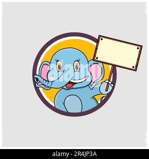 Kreisförmiges Etikett mit leerem weißen Banner Holz, gelbem Hintergrund, Maskottchen, Symbol, Zeichen oder Logo, Vektor und Illustration. Stock Vektor
