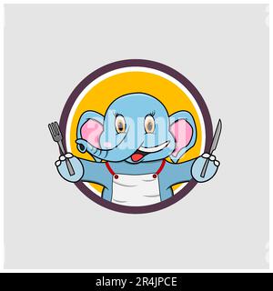 Etikett „Elephant Head Circle“ mit Gabel und Messer, gelber Hintergrund, Maskottchen, Symbol, Charakter oder Logo, Vektor und Illustration. Stock Vektor