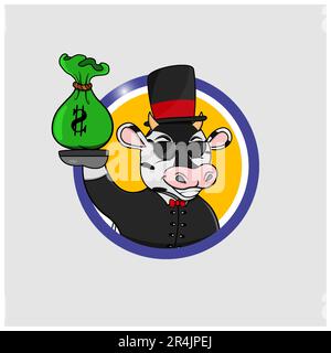 „Rinderkopf“-Etikett Mit „Bring Money“-Schriftzug, Gelber Hintergrund, Cartoon, Maskottchen, Tieren, Charakter, Vektor und Illustration. Stock Vektor