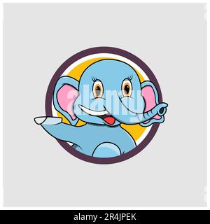 Kreisbeschriftung mit Elefantenkopf und lustigem Smile-Ausdruck, gelber Hintergrund, Maskottchen, Symbol, Charakter oder Logo, Vektor und Illustration. Stock Vektor
