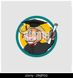 „Cute Buffalo Head Graduate Circle Label“, „Yellow Colors Background“, „Cartoon“, „Maskottchen“, „Tiere“, Charakter, Vektor und Illustration. Stock Vektor