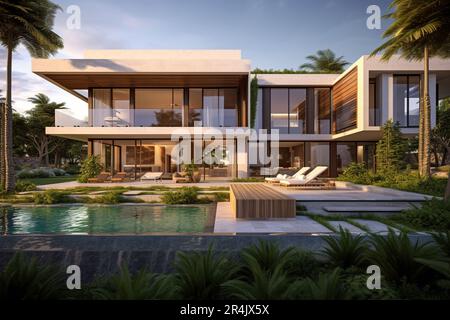 Design-Haus, moderne Villa mit offenem Wohnbereich und privatem Schlafzimmer Stockfoto