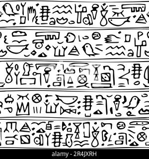 Antikes, handgezeichnetes, nahtloses Muster mit Hieroglyphen-Symbolen von Menschen, Tieren und abstrakten Zeichen ähnlich dem ägyptischen auf weißem Hintergrund Stock Vektor