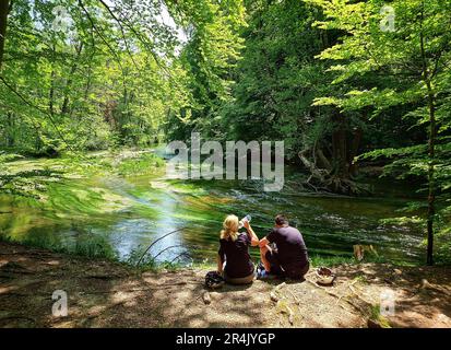 Gauting, Bayern, Deutschland. 28. Mai 2023. TWI-Radfahrer machen während des Pfingsten-Feiertagswochenendes eine malerische Pause vor dem Fluss WÃÂ¼rm in einem Wald in der Gegend Gauting. Das WÃÂ¼rmtal (Wuerm-Tal) ist ein beliebter Fahrradeid für Radfahrer und Langstreckenradfahrer auf dem Weg zum Starnberger See und weiter südlich gelegenen Ziel. (Kreditbild: © Sachelle Babbar/ZUMA Press Wire) NUR REDAKTIONELLE VERWENDUNG! Nicht für den kommerziellen GEBRAUCH! Stockfoto