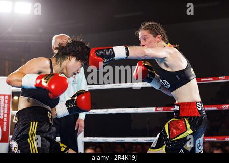 Torhout, Belgien. 28. Mai 2023. Die Abbildung zeigt den Kampf zwischen dem belgischen Delfine Persoon und dem koreanischen Bo Mi Re Shin um den WBC Silver Super Feather -Titel Women, Sonntag, den 28. Mai 2023, in Torhout. BELGA FOTO KURT DESPLENTER Kredit: Belga News Agency/Alamy Live News Stockfoto