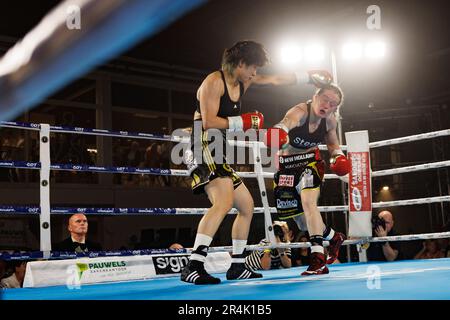 Torhout, Belgien. 28. Mai 2023. Die Abbildung zeigt den Kampf zwischen dem belgischen Delfine Persoon und dem koreanischen Bo Mi Re Shin um den WBC Silver Super Feather -Titel Women, Sonntag, den 28. Mai 2023, in Torhout. BELGA FOTO KURT DESPLENTER Kredit: Belga News Agency/Alamy Live News Stockfoto