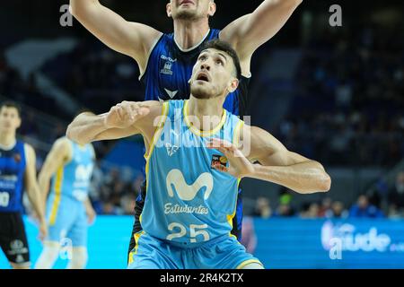 Madrid, Spanien. 28. Mai 2023. Hansel Atencia Spieler von Movistar Estudiantes in Aktion während der ACB Play OFF Promotion Zweiter Match zwischen Movistar Estudiantes und Hereda San Pablo im WiZink Center. Sieg für Hereda San Pablo 89-102 Gutschein: SOPA Images Limited/Alamy Live News Stockfoto