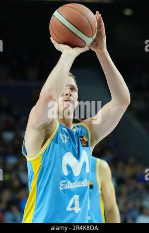 Madrid, Spanien. 29. Mai 2023. Paul Jorgensen, Spieler von Movistar Estudiantes, der während der ACB Play OFF Promotion im zweiten Spiel zwischen Movistar Estudiantes und Hereda San Pablo im WiZink Center in Aktion gesehen wurde. Sieg für Hereda San Pablo 89-102 (Foto: Atilano Garcia/SOPA Images/Sipa USA). Kredit: SIPA USA/Alamy Live News Stockfoto