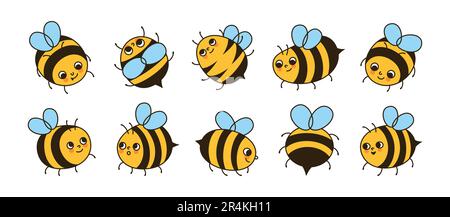 Zeichentrickset mit Bienenhonigfiguren. Comics Kinder Honigbienen Insekten Maskottchen Figuren mit lustigen Gesichtern Retro-Design. Süße handgezeichnete Sommer-Comic Smiley-Streifen Bienen kritzeln Vektorbilder Stock Vektor