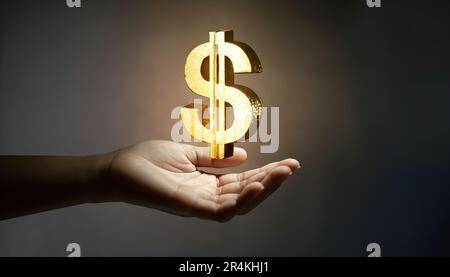 Geschäftsmann-Hand mit Dollarzeichen-Symbol für Geschäftsidee. Kreative Ideen Geschäftstechnologie macht Geld Erfolgskonzept. Stockfoto